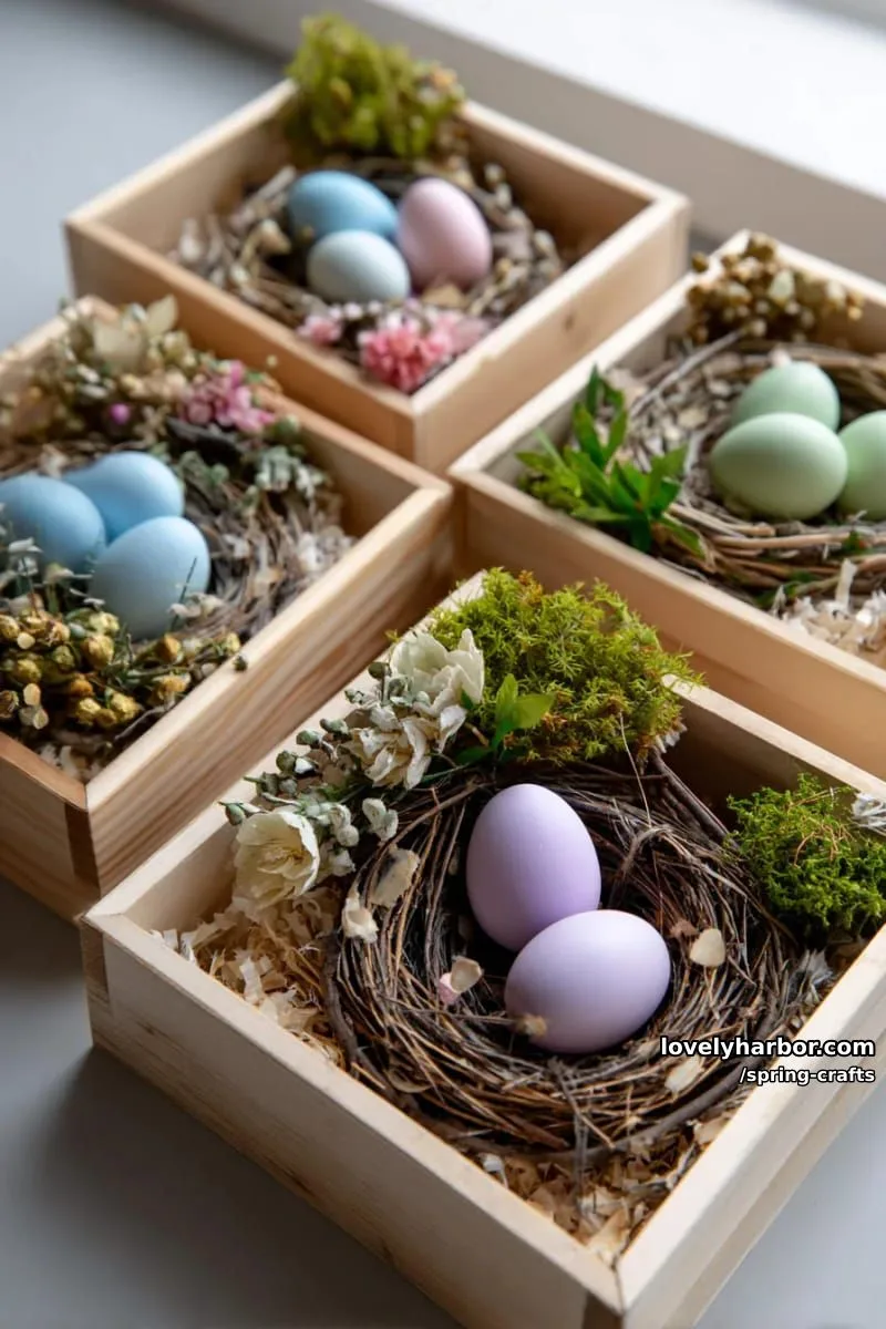 spring shadow boxes filled with miniature nests and pastel painted eggs 1