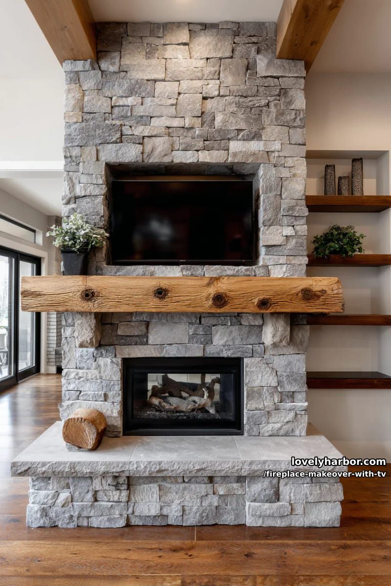 15 Elegant Ideas for Fireplace Makeover with TV 5 stacked stone fireplace wall with recessed tv niche and wood mantle 1