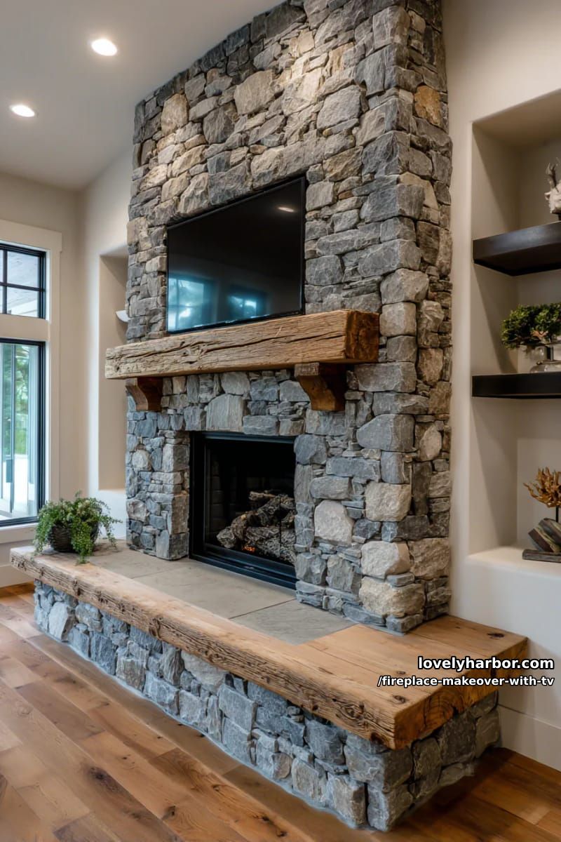 15 Elegant Ideas for Fireplace Makeover with TV 6 stacked stone fireplace wall with recessed tv niche and wood mantle 1