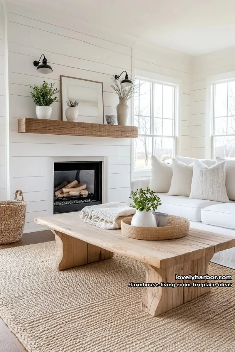 stacked white shiplap fireplace wall with black iron sconce lighting accents 1