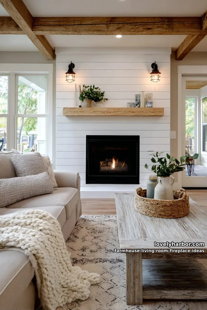 stacked white shiplap fireplace wall with black iron sconce lighting accents 1