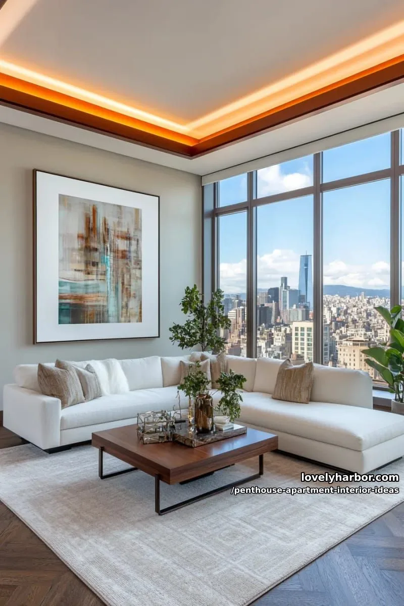 29 Stunning Penthouse Apartment Interior Design Ideas for a Fresh New Look 65 statement ceiling with layered cove lighting in warm amber hues 1