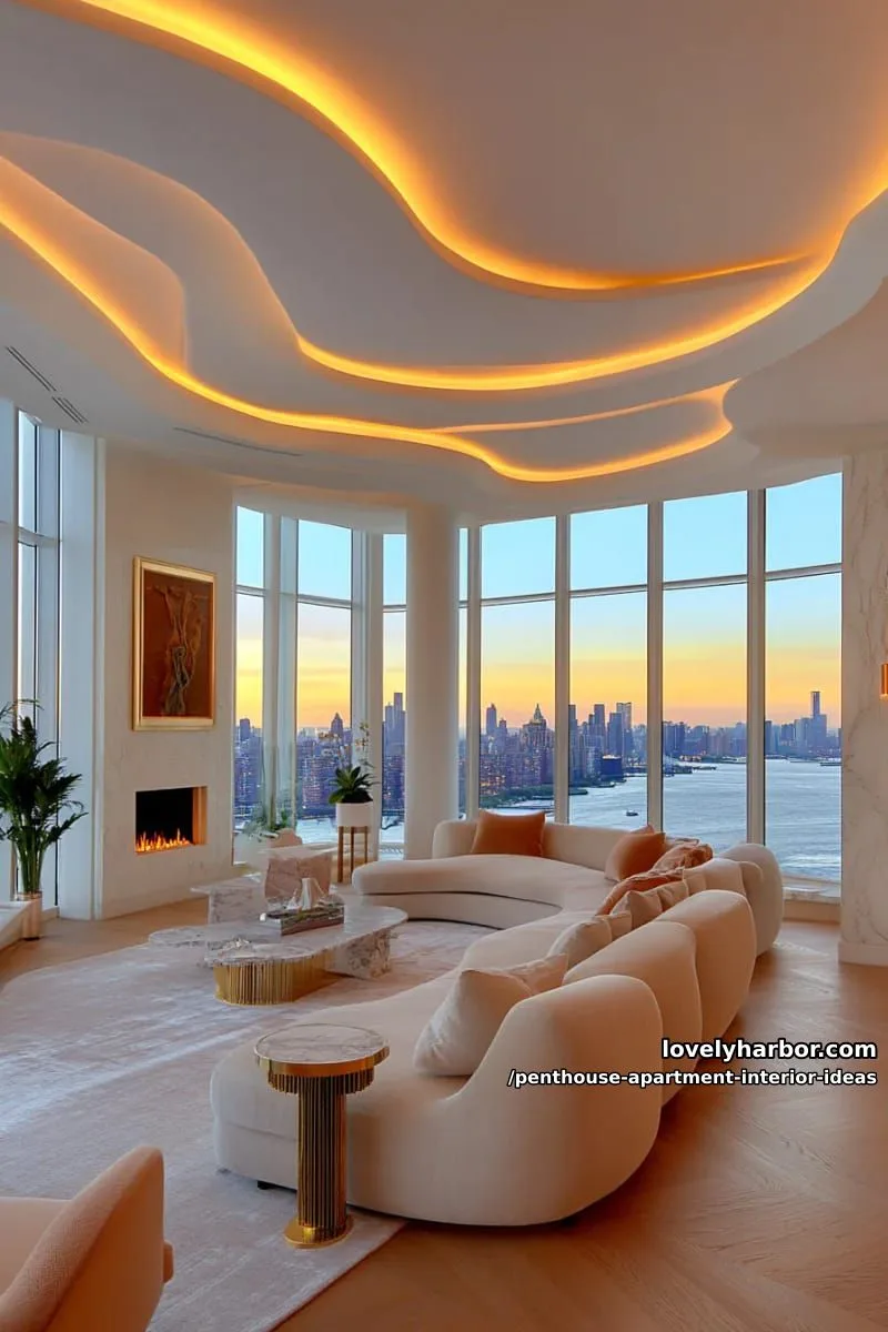 29 Stunning Penthouse Apartment Interior Design Ideas for a Fresh New Look 66 statement ceiling with layered cove lighting in warm amber hues 1