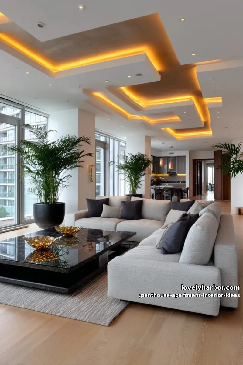 29 Stunning Penthouse Apartment Interior Design Ideas for a Fresh New Look 67 statement ceiling with layered cove lighting in warm amber hues 1