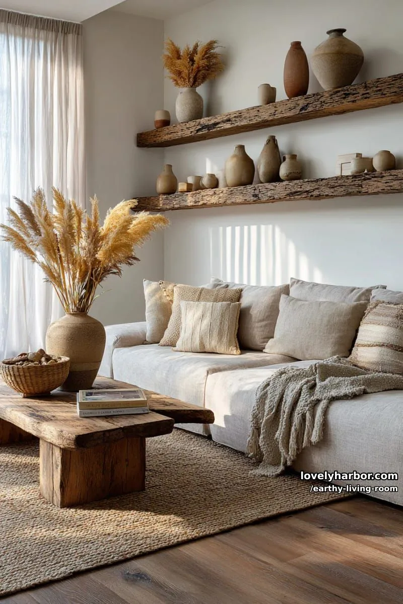 Bring Nature Indoors: 15 Earthy Living Room Designs to Inspire 19 statement clay vases on reclaimed wood shelves with dried grasses 1
