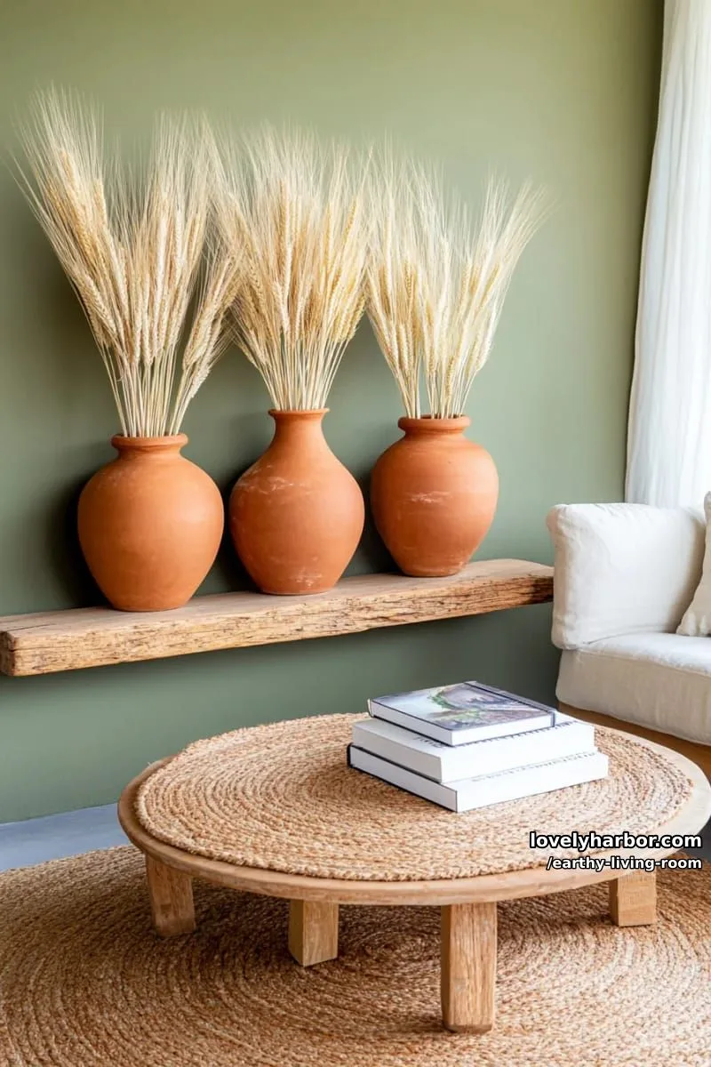 Bring Nature Indoors: 15 Earthy Living Room Designs to Inspire 20 statement clay vases on reclaimed wood shelves with dried grasses 1