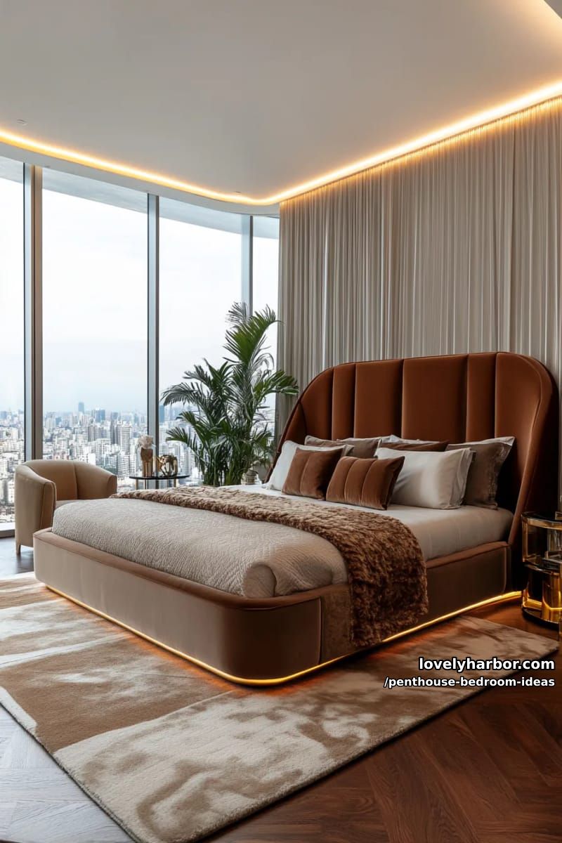 27 Modern Penthouse Bedroom Ideas That Wow 25 statement curved headboard and plush layered rugs for a beautiful bedroom retreat 1