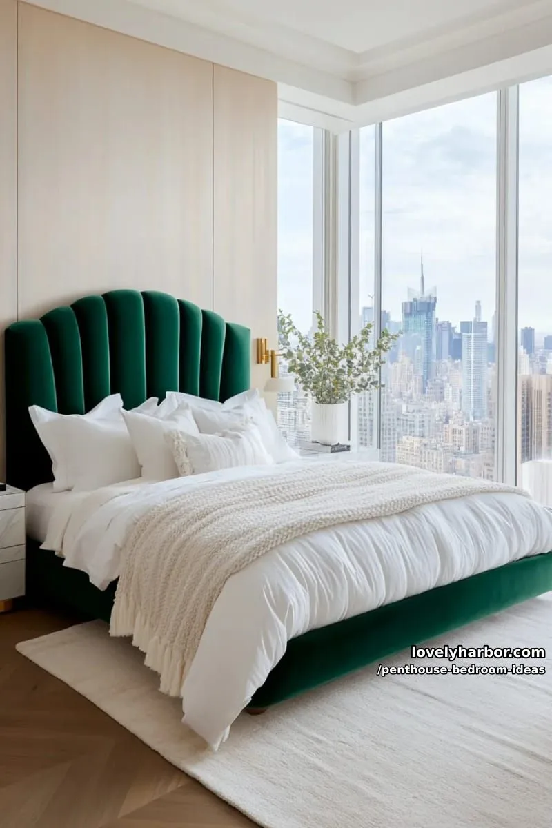 statement curved headboard and plush layered rugs for a beautiful bedroom retreat 1