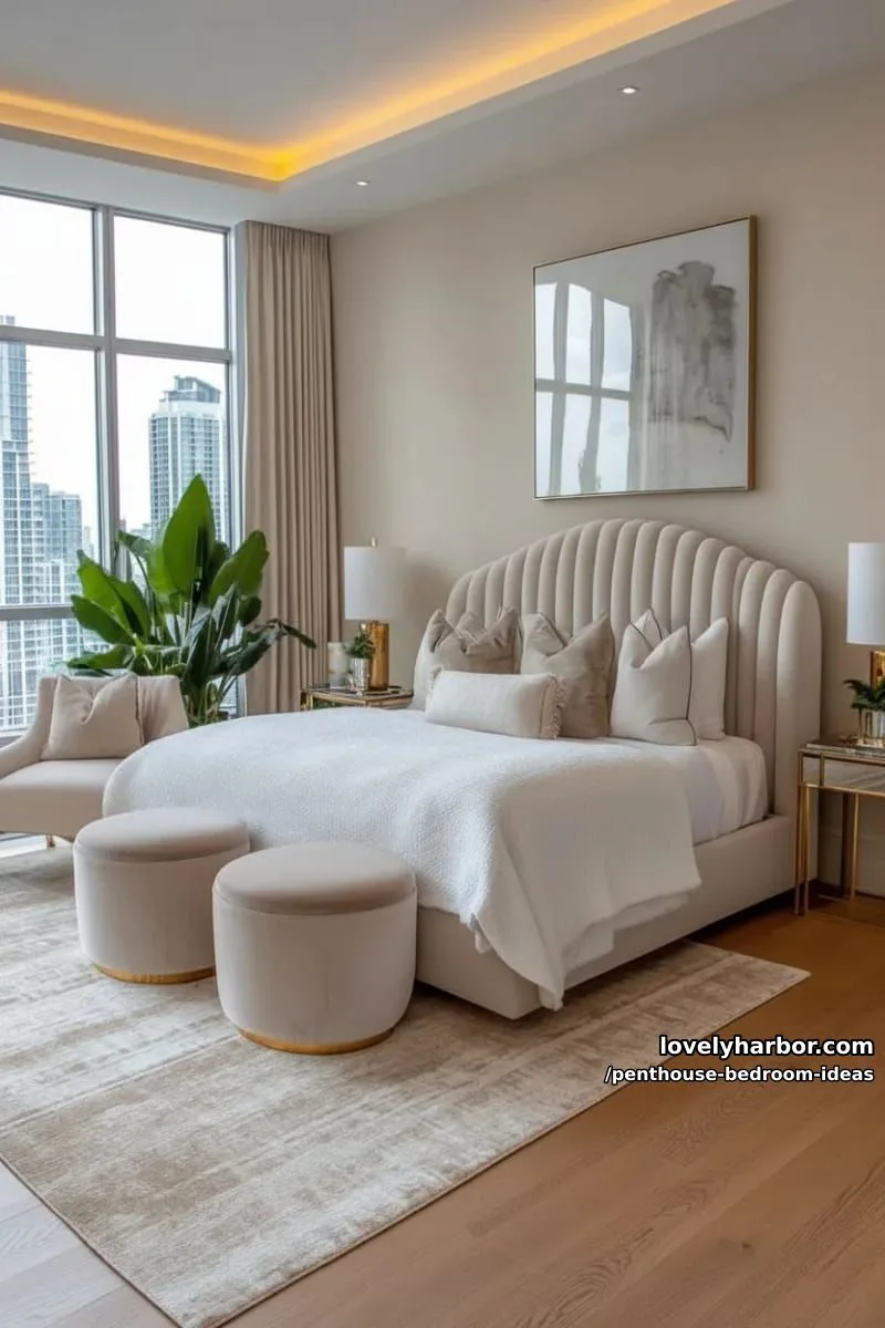 statement curved headboard and plush layered rugs for a beautiful bedroom retreat 1