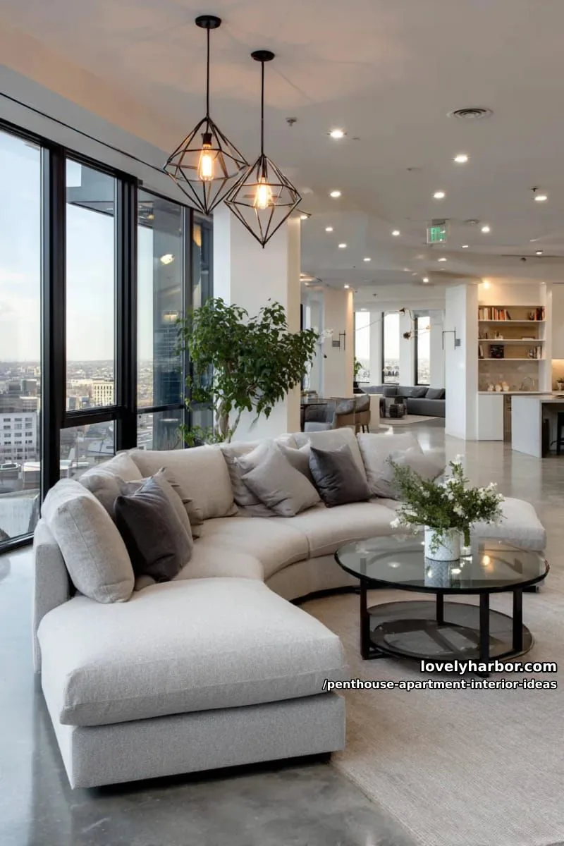 29 Stunning Penthouse Apartment Interior Design Ideas for a Fresh New Look 23 statement geometric pendant lights above a curved sectional sofa 1