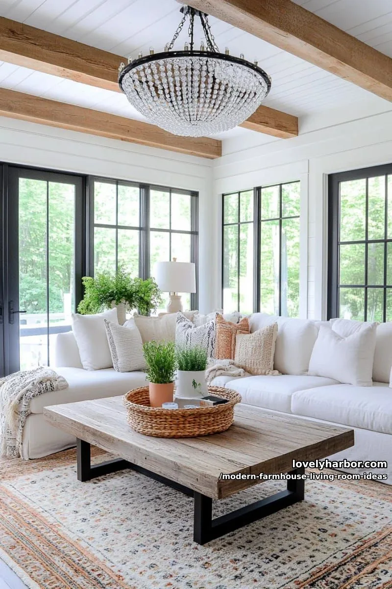 15 Modern Farmhouse Living Room Ideas for a Fresh Atmosphere 22 statement modern chandelier above reclaimed wood coffee table 1