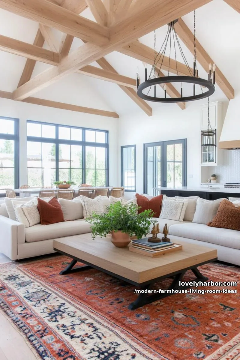 15 Modern Farmhouse Living Room Ideas for a Fresh Atmosphere 23 statement modern chandelier above reclaimed wood coffee table 1