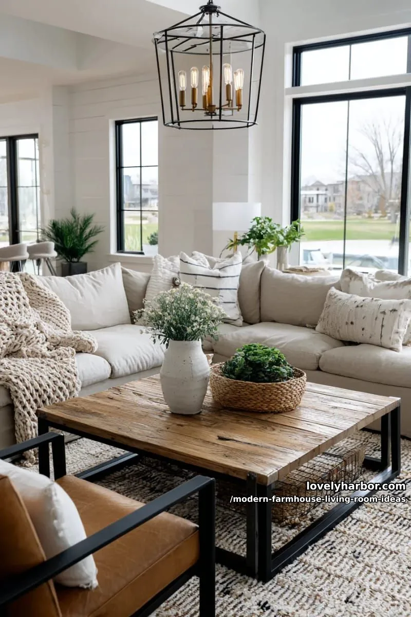 15 Modern Farmhouse Living Room Ideas for a Fresh Atmosphere 24 statement modern chandelier above reclaimed wood coffee table 1