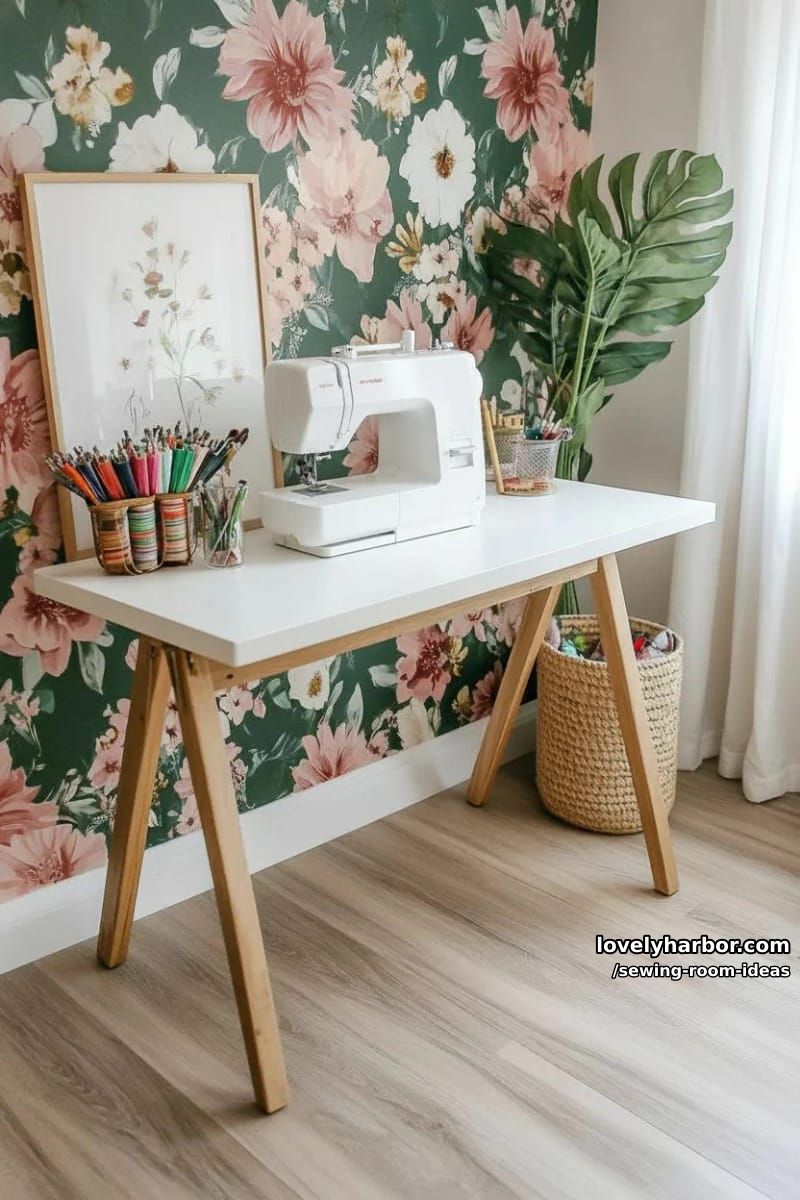 statement wallpaper with bold floral prints behind a minimalist sewing table 1
