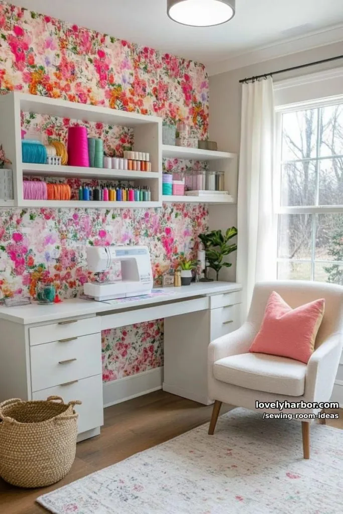 Home Office 9 statement wallpaper with bold floral prints behind a minimalist sewing table 27