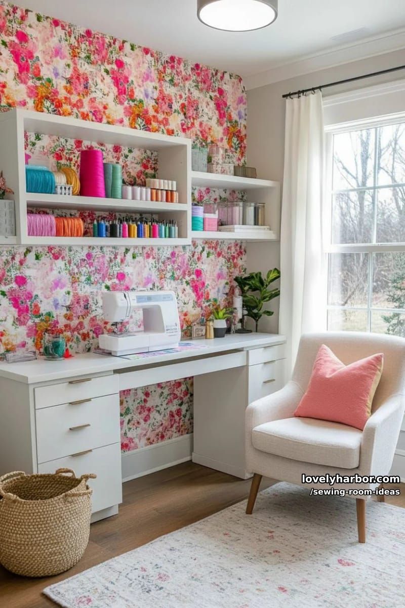 statement wallpaper with bold floral prints behind a minimalist sewing table 1