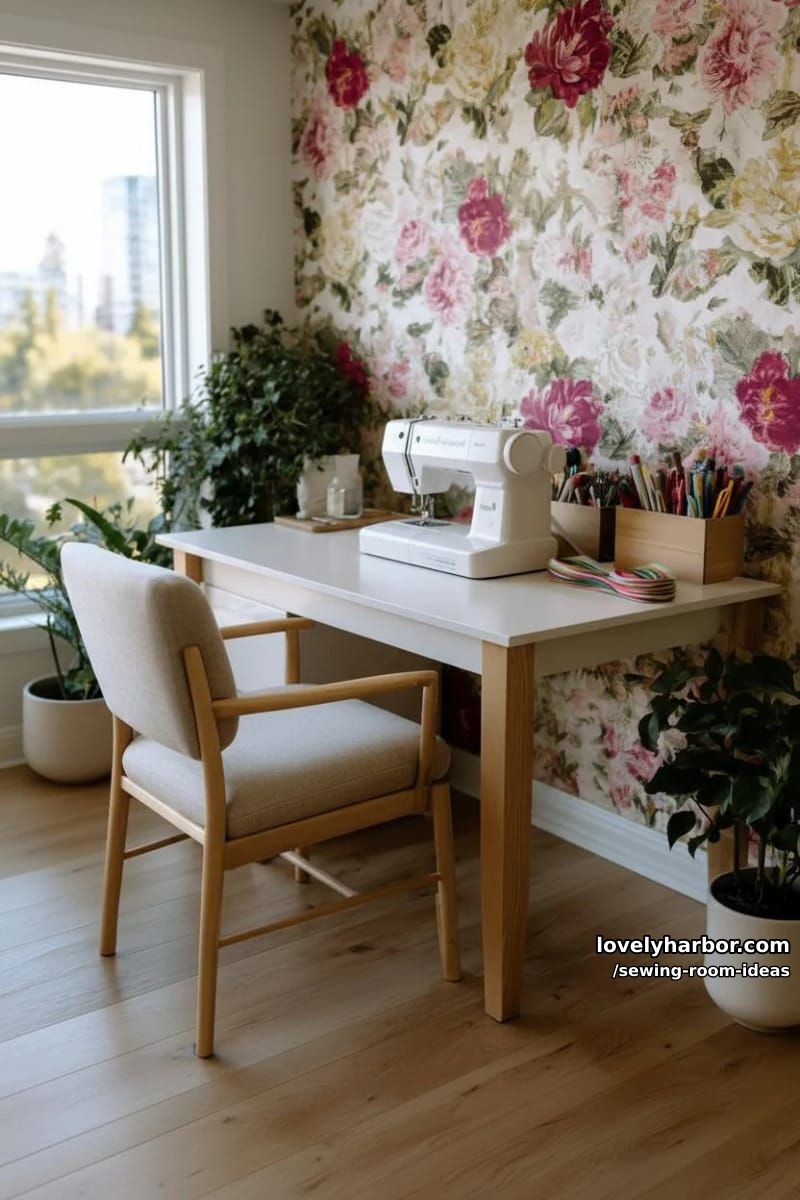 statement wallpaper with bold floral prints behind a minimalist sewing table 1