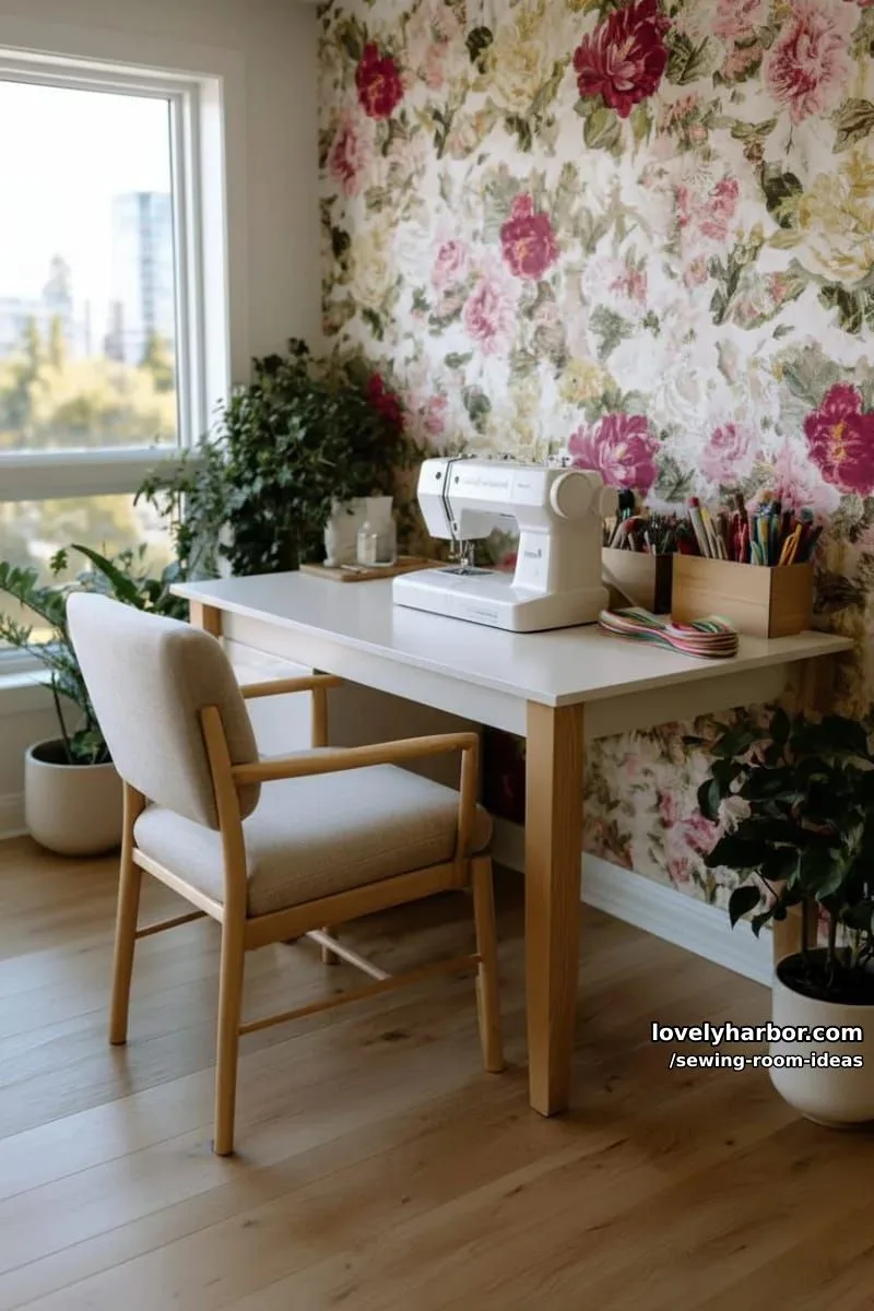 15 Creative Sewing Room Design Ideas 28 statement wallpaper with bold floral prints behind a minimalist sewing table 1