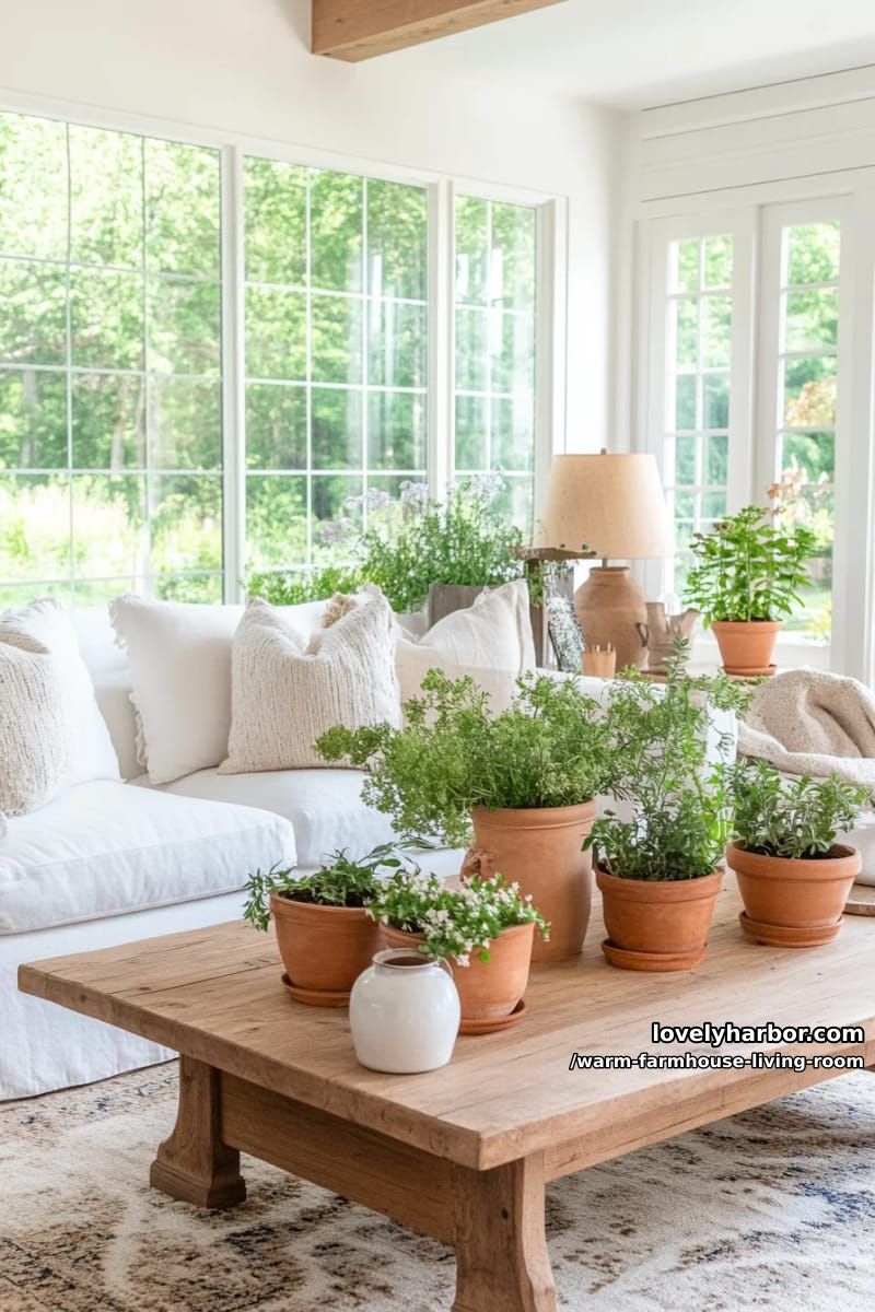 15 Ways to Style a Warm Farmhouse Living Room 35 style a farmhouse living room with terra cotta pots and layered woven rugs 1