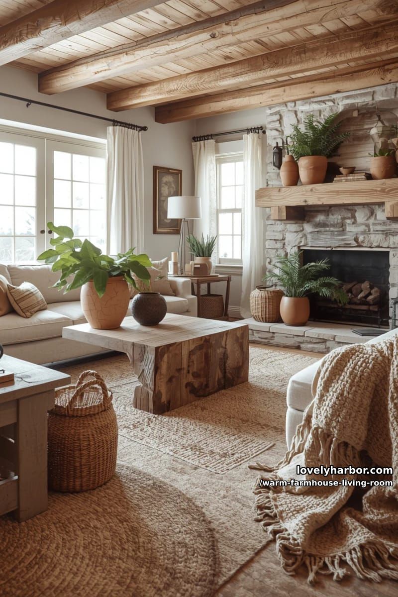 15 Ways to Style a Warm Farmhouse Living Room 36 style a farmhouse living room with terra cotta pots and layered woven rugs 1