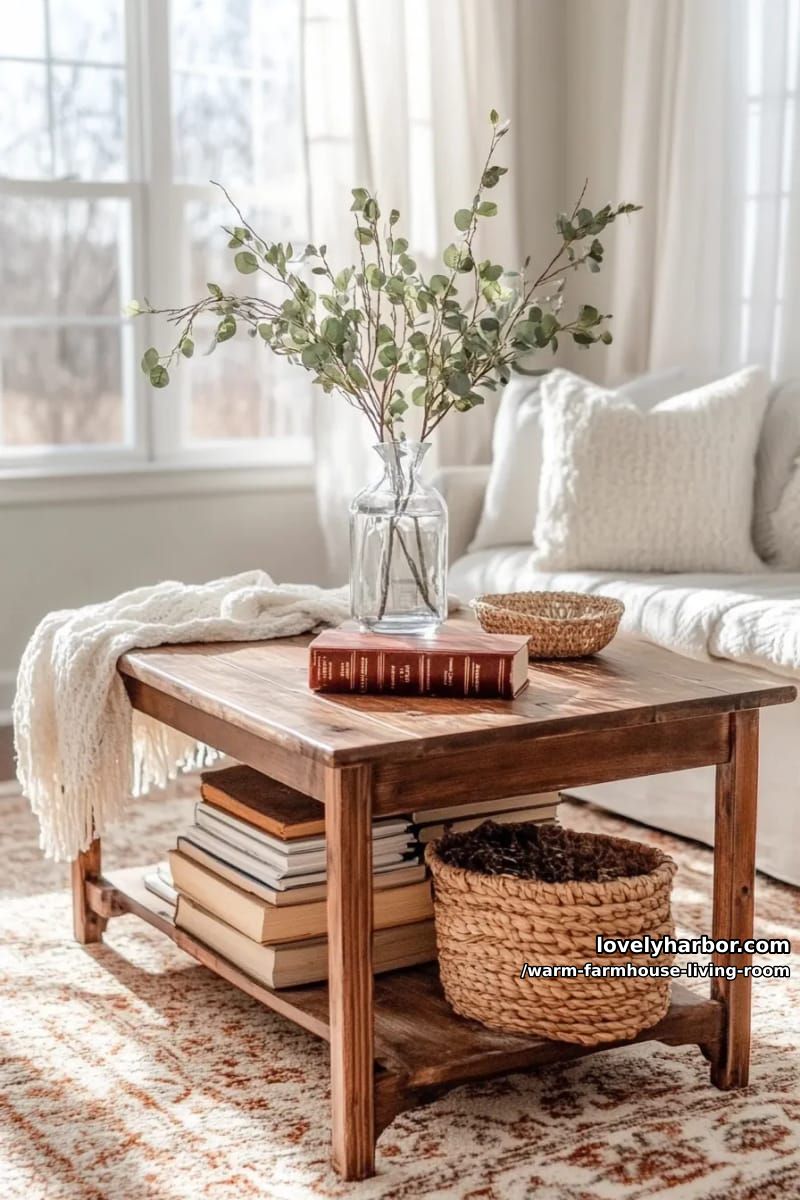 15 Ways to Style a Warm Farmhouse Living Room 14 style a weathered wood coffee table with fresh eucalyptus and antique books 1