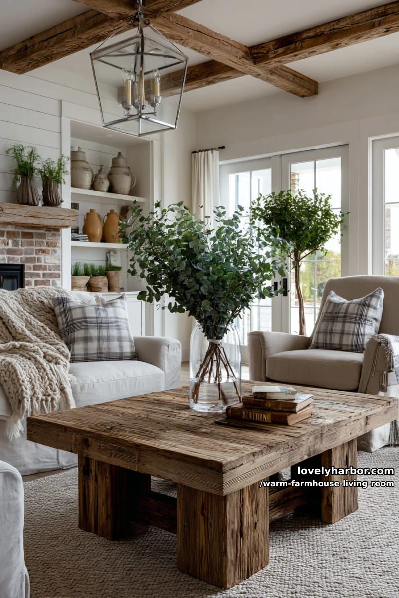 15 Ways to Style a Warm Farmhouse Living Room 15 style a weathered wood coffee table with fresh eucalyptus and antique books 1
