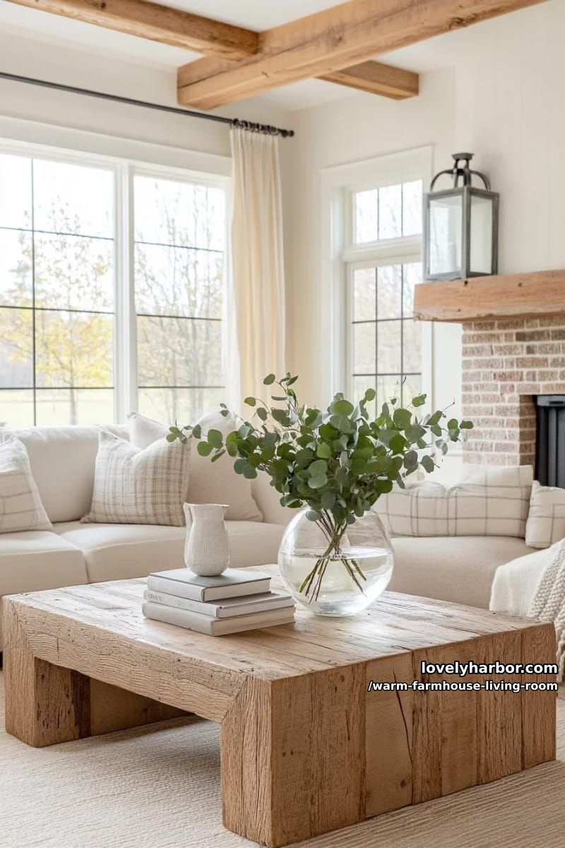 15 Ways to Style a Warm Farmhouse Living Room 16 style a weathered wood coffee table with fresh eucalyptus and antique books 1