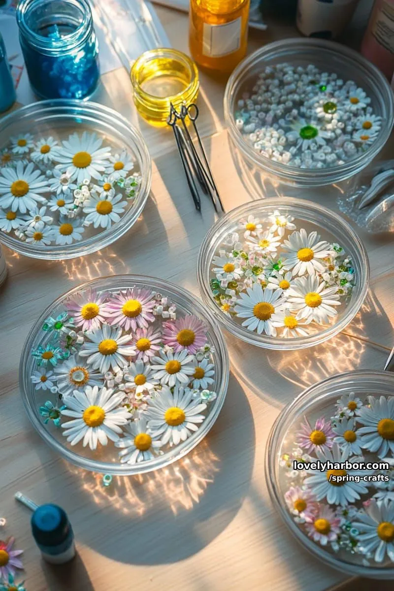 sun-catcher frames using translucent beads and pressed daisy petals 1