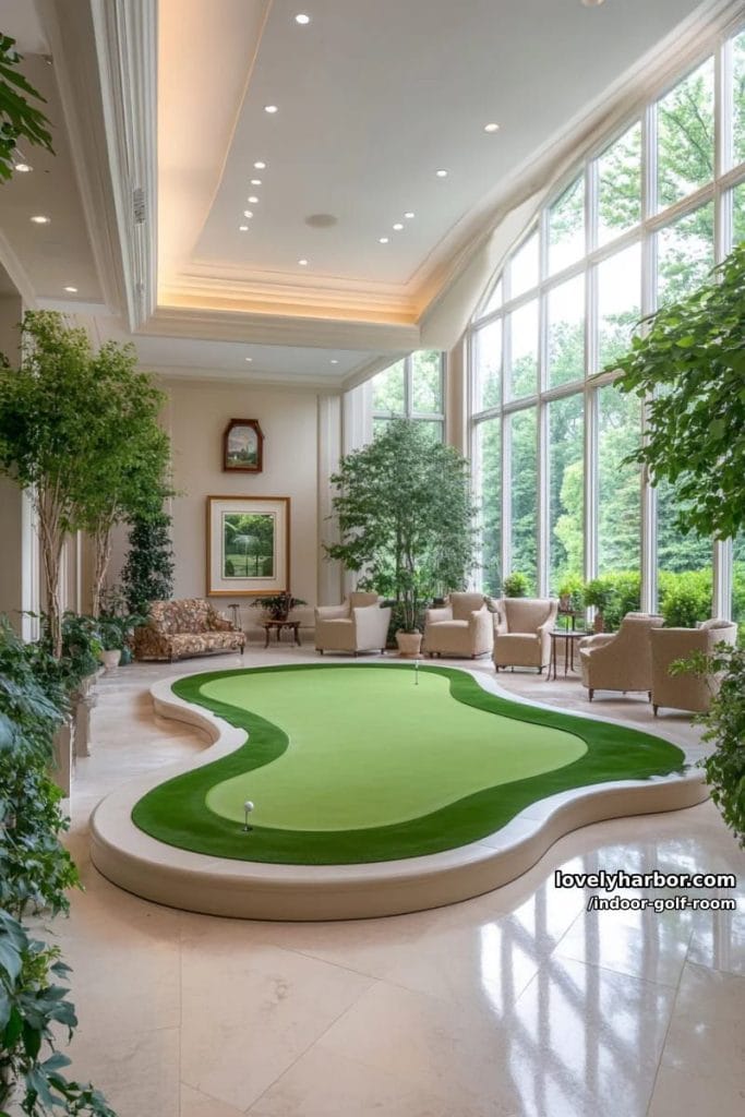 Man Cave 1 sunken putting green surrounded by lush indoor plants and cozy lounge chairs 6