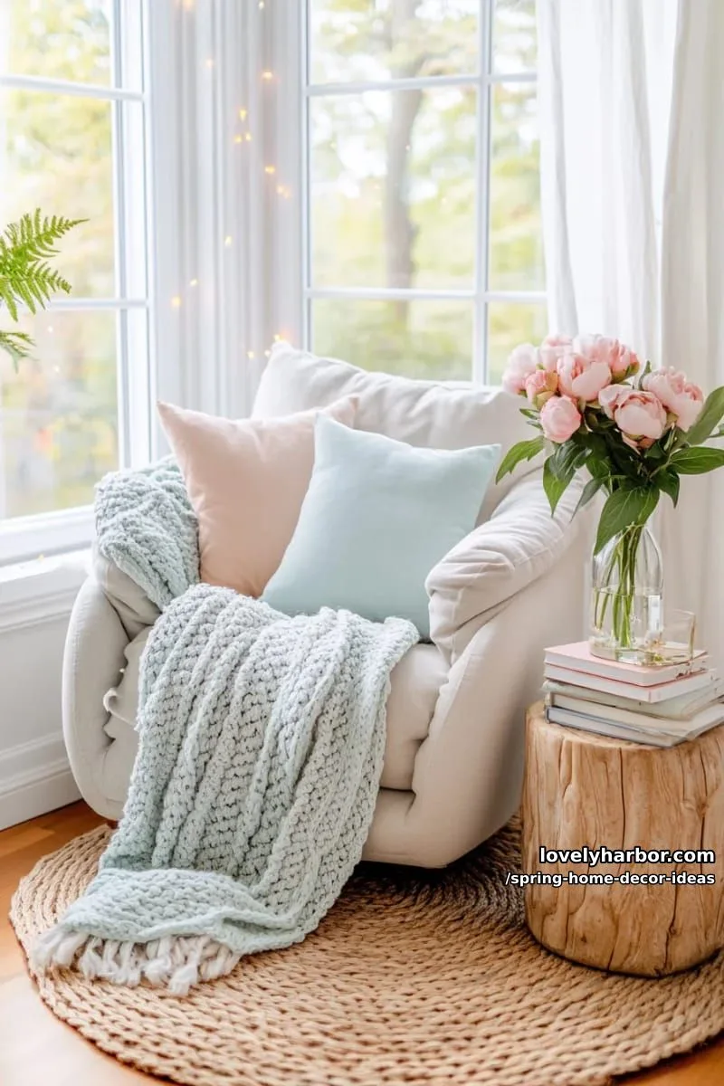 27 Gorgeous Spring Decor Ideas to Brighten Your Home 54 sunlit reading corner with pastel throw pillows and a vase of peonies 1