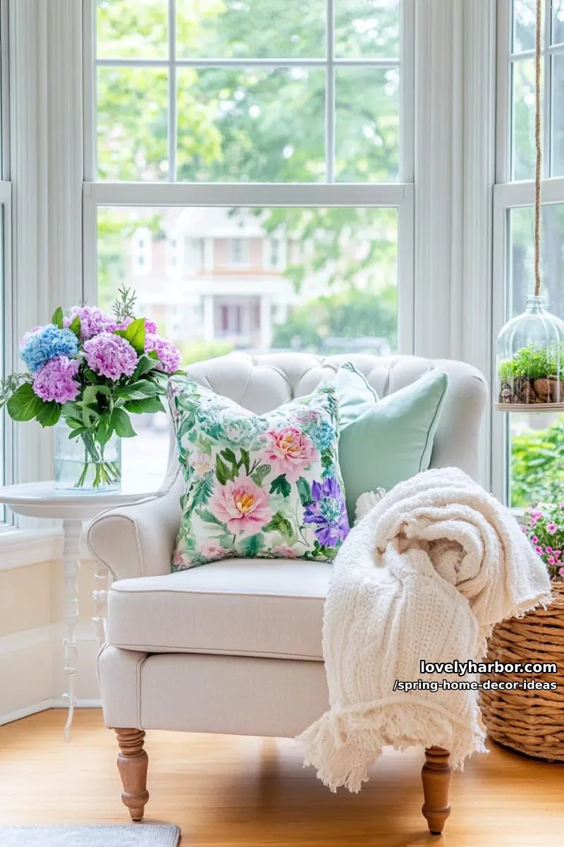 27 Gorgeous Spring Decor Ideas to Brighten Your Home 55 sunlit reading corner with pastel throw pillows and a vase of peonies 1