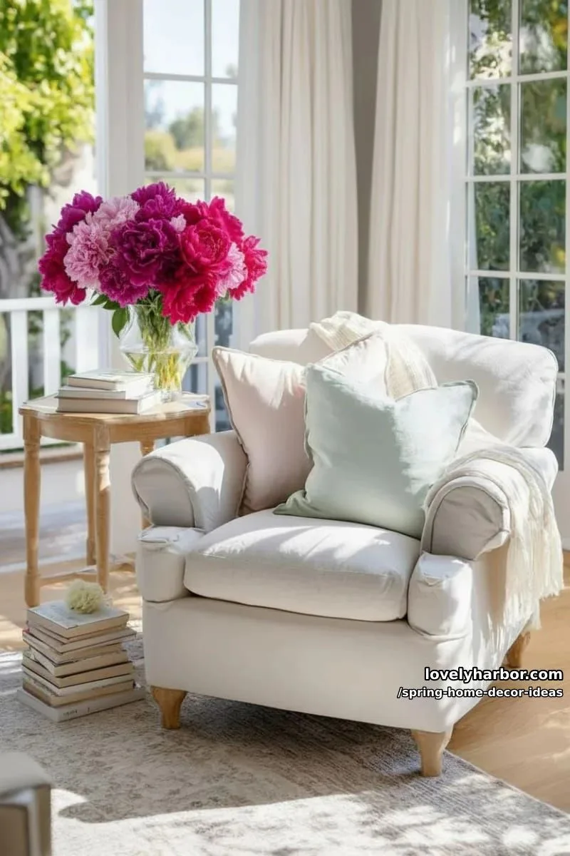 27 Gorgeous Spring Decor Ideas to Brighten Your Home 56 sunlit reading corner with pastel throw pillows and a vase of peonies 1