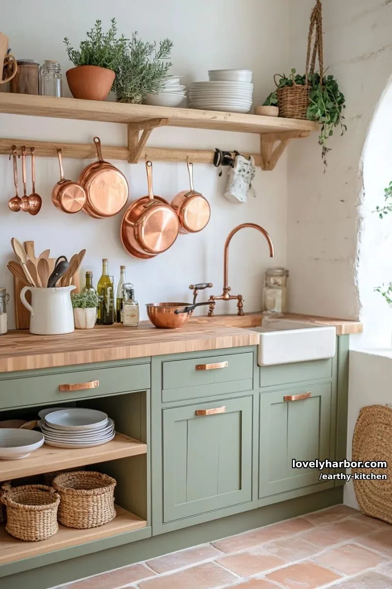 terracotta tile flooring combined with sage green lower cabinets and copper accents 1