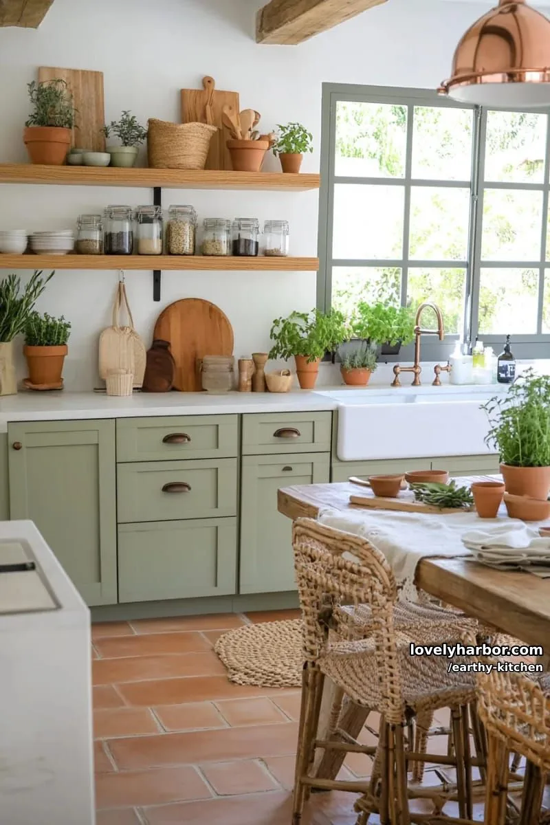 terracotta tile flooring combined with sage green lower cabinets and copper accents 1