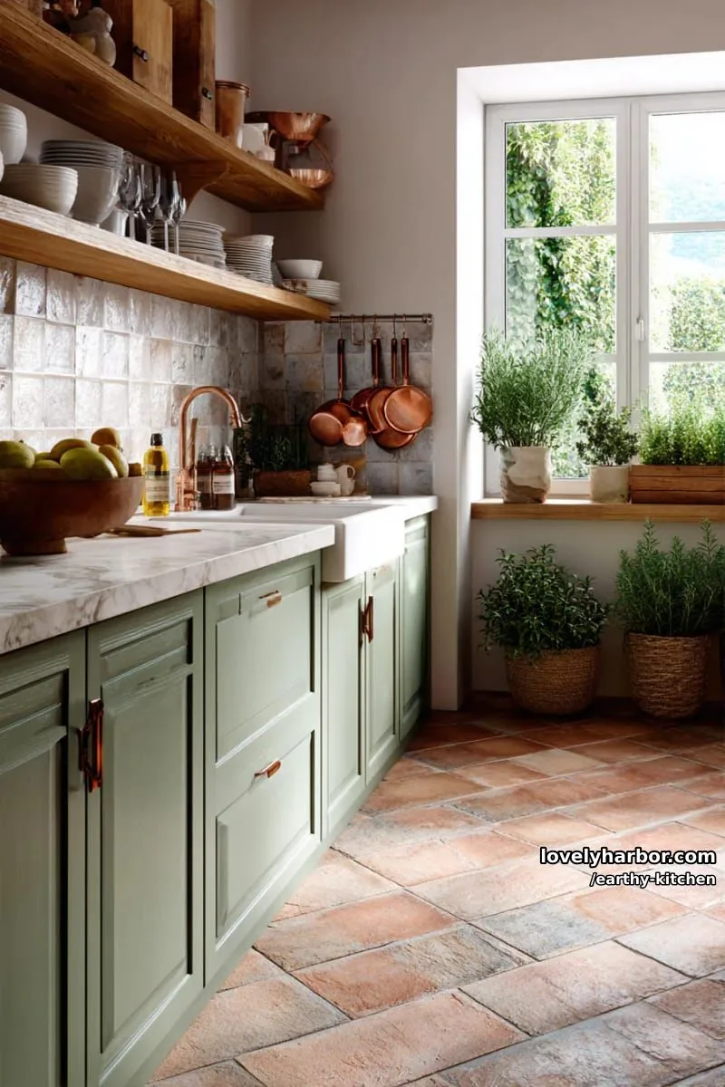 terracotta tile flooring combined with sage green lower cabinets and copper accents 1