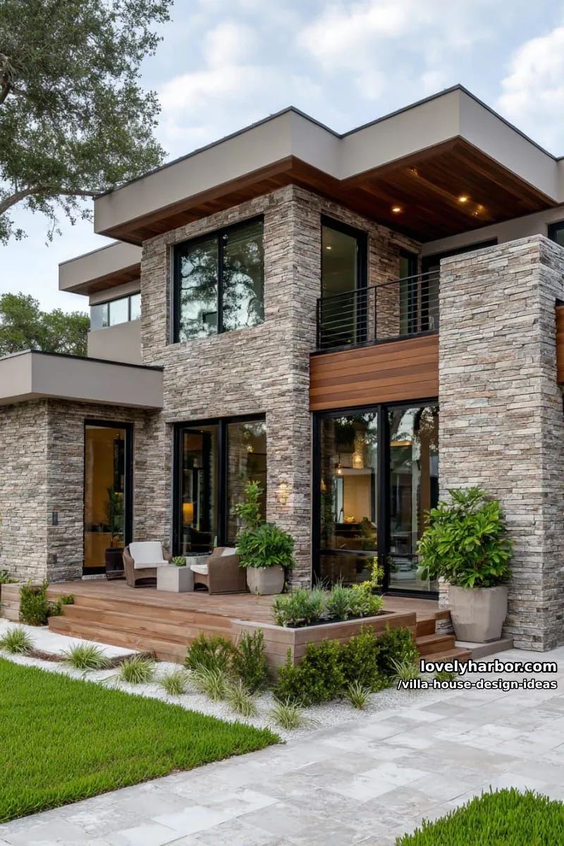 textured stone walls combined with sleek wood paneling for a contemporary villa look 1