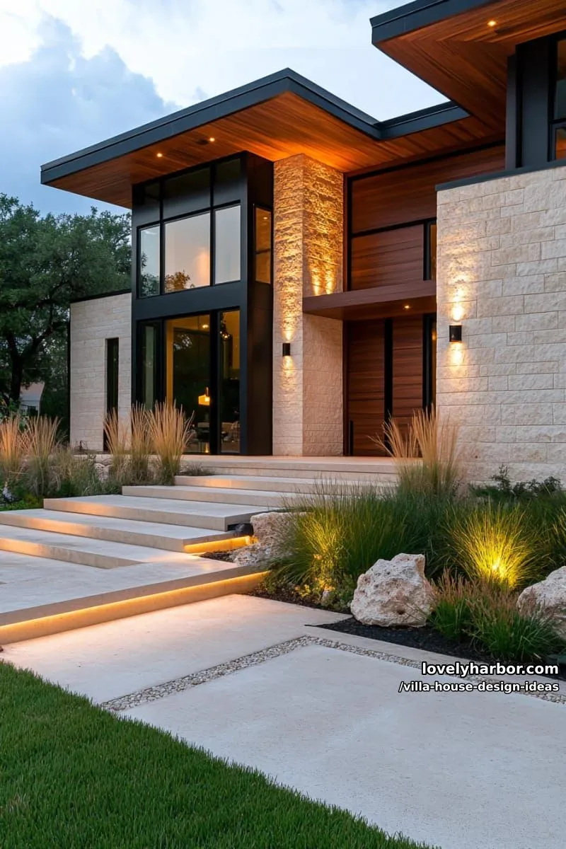 textured stone walls combined with sleek wood paneling for a contemporary villa look 1