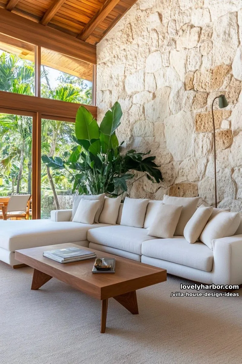 textured stone walls combined with sleek wood paneling for a contemporary villa look 1