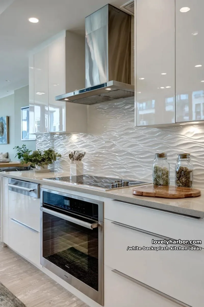 15 Elegant White Backsplash Ideas for Your Kitchen 36 textured wave-patterned white tile for a dynamic, ocean-inspired kitchen wall 1