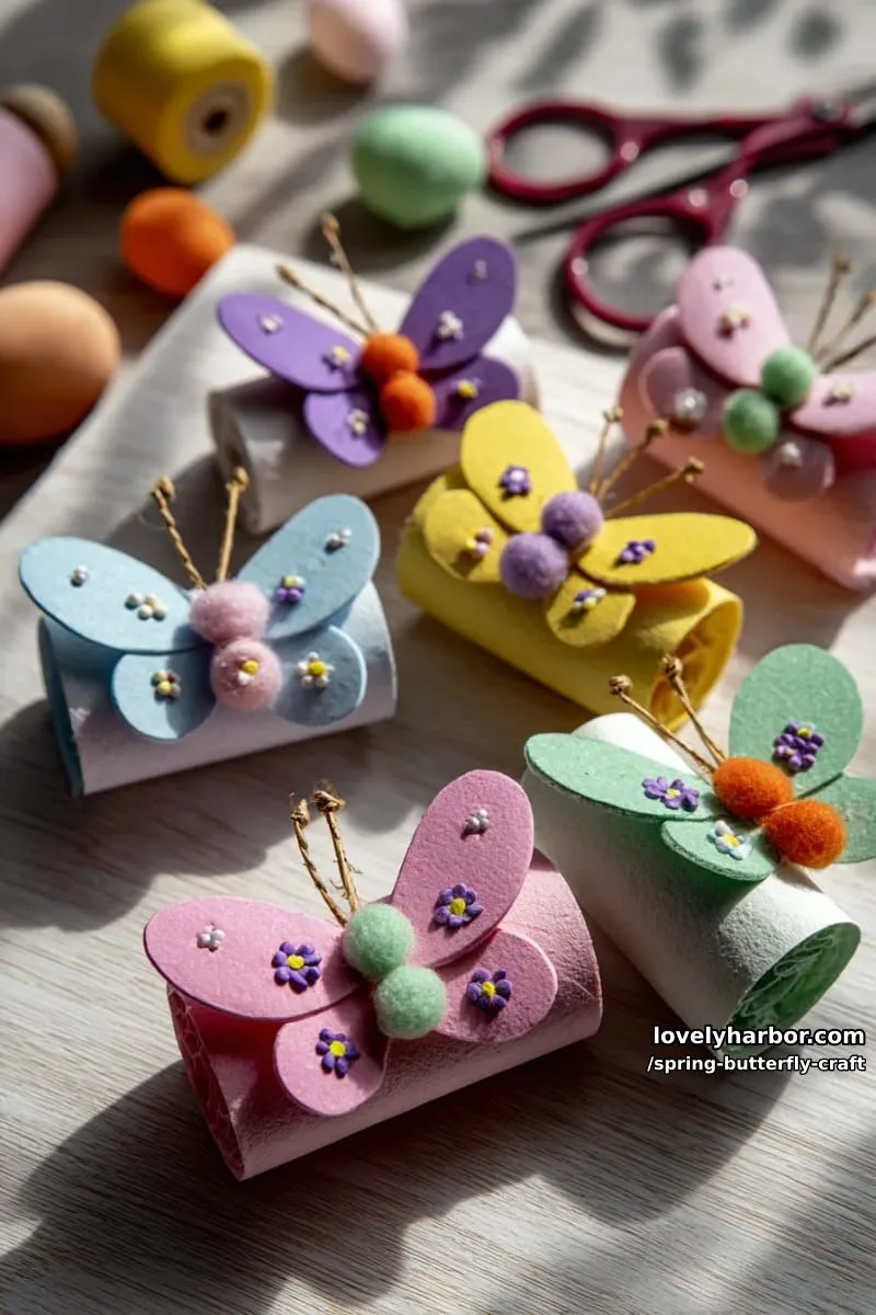 toilet paper roll butterflies with foam flower decorations and antennae 1
