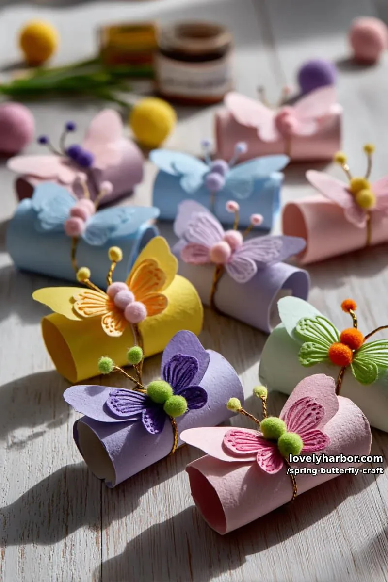 toilet paper roll butterflies with foam flower decorations and antennae 1