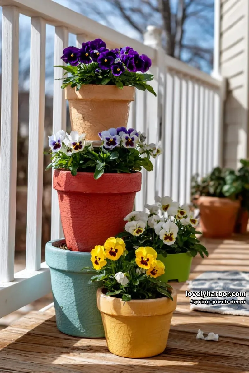 21 Cozy Spring Porch Decor to Jazz Up Your Outdoor Space 6 towering stack of colorful terra cotta pots planted with pansies 1