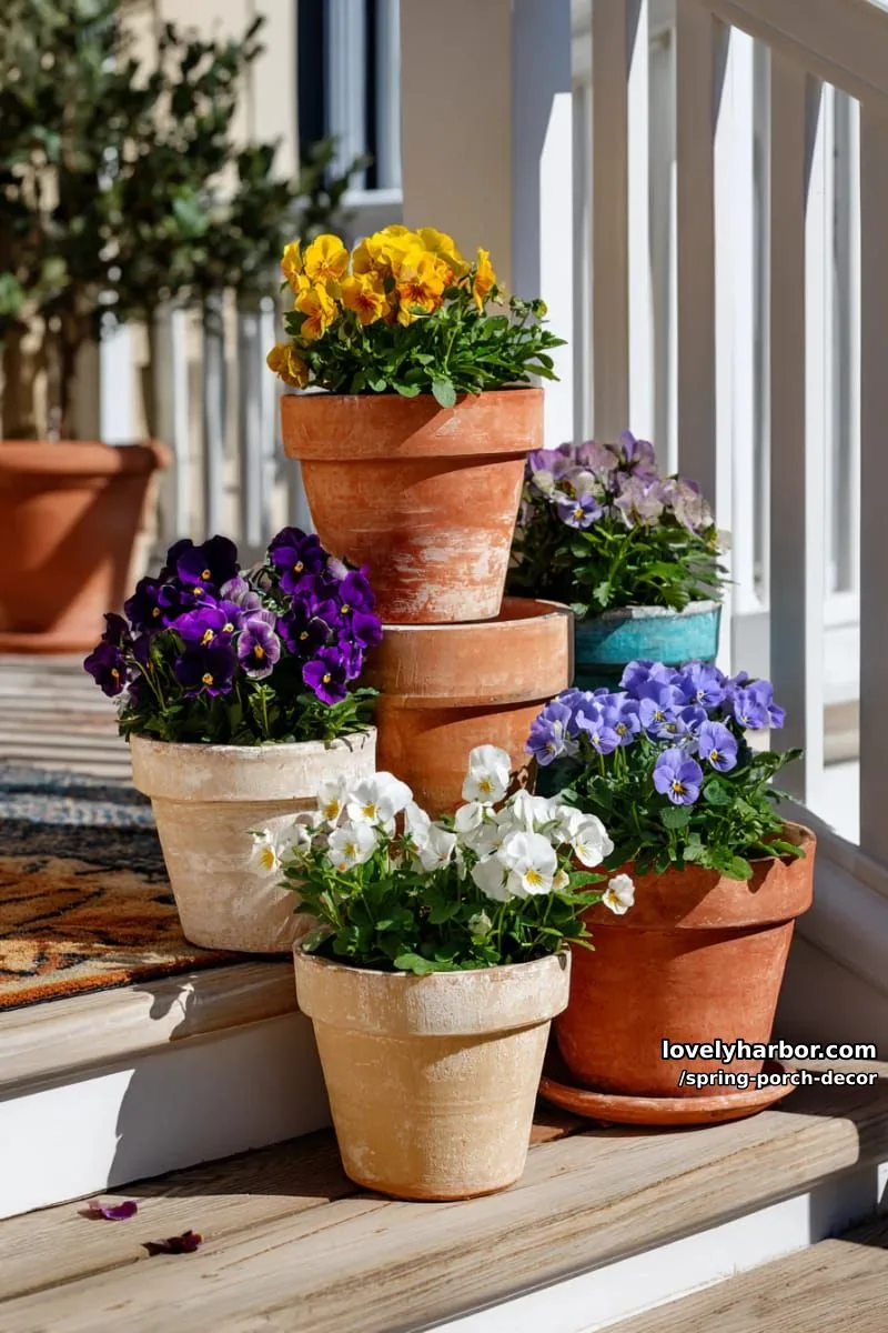 21 Cozy Spring Porch Decor to Jazz Up Your Outdoor Space 7 towering stack of colorful terra cotta pots planted with pansies 1