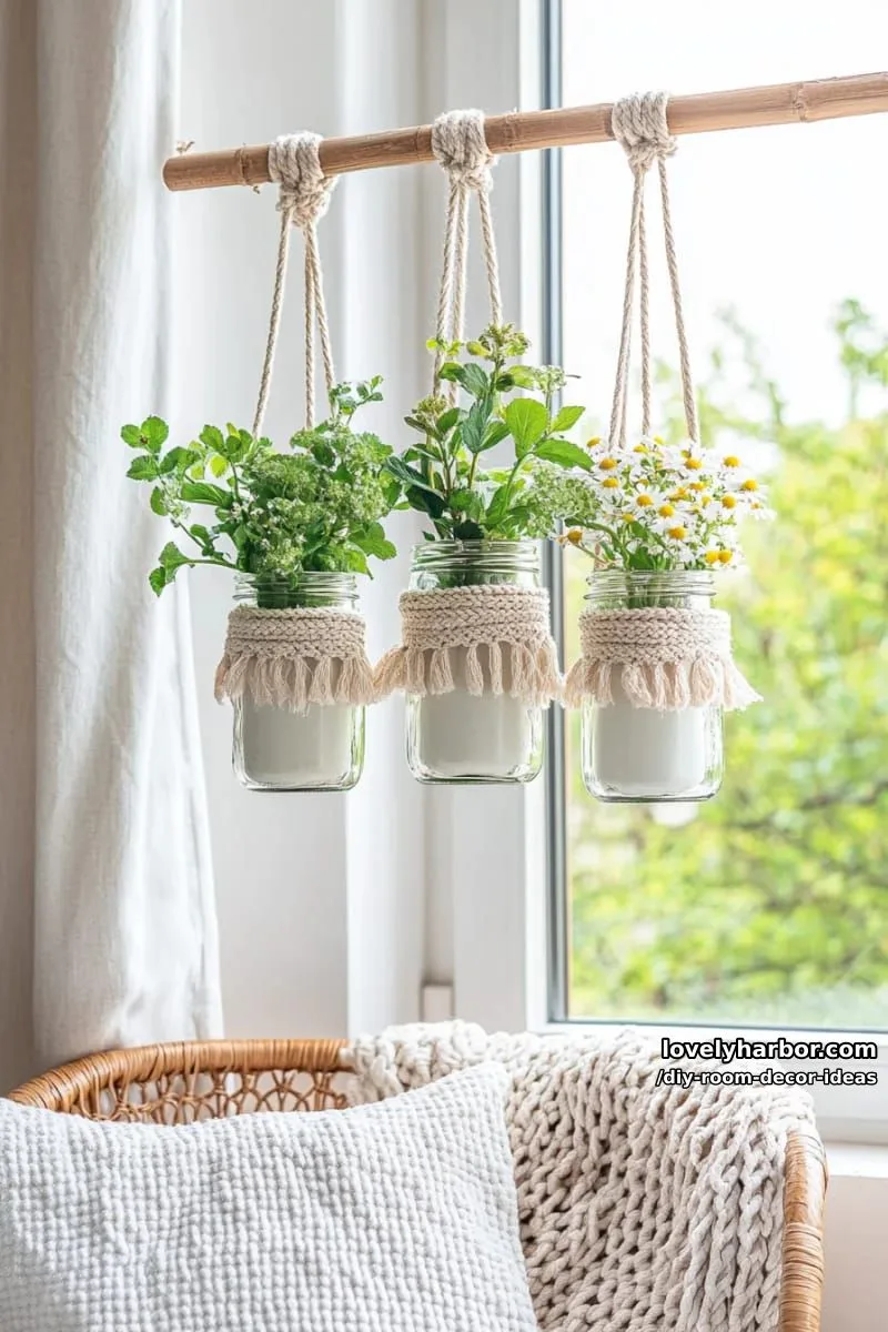 15 Creative DIY Room Decor Ideas to Add Color to Your Space 16 transform recycled jars into hanging wall vases with macrame supports 1