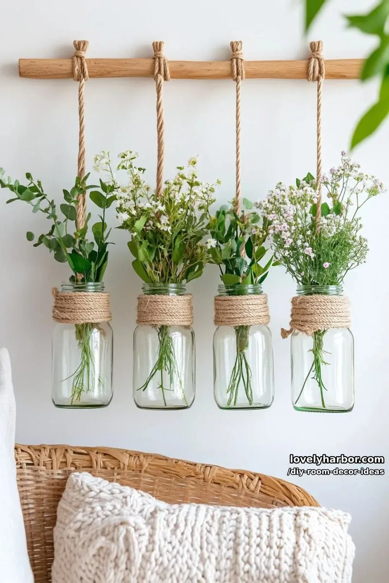 15 Creative DIY Room Decor Ideas to Add Color to Your Space 17 transform recycled jars into hanging wall vases with macrame supports 1