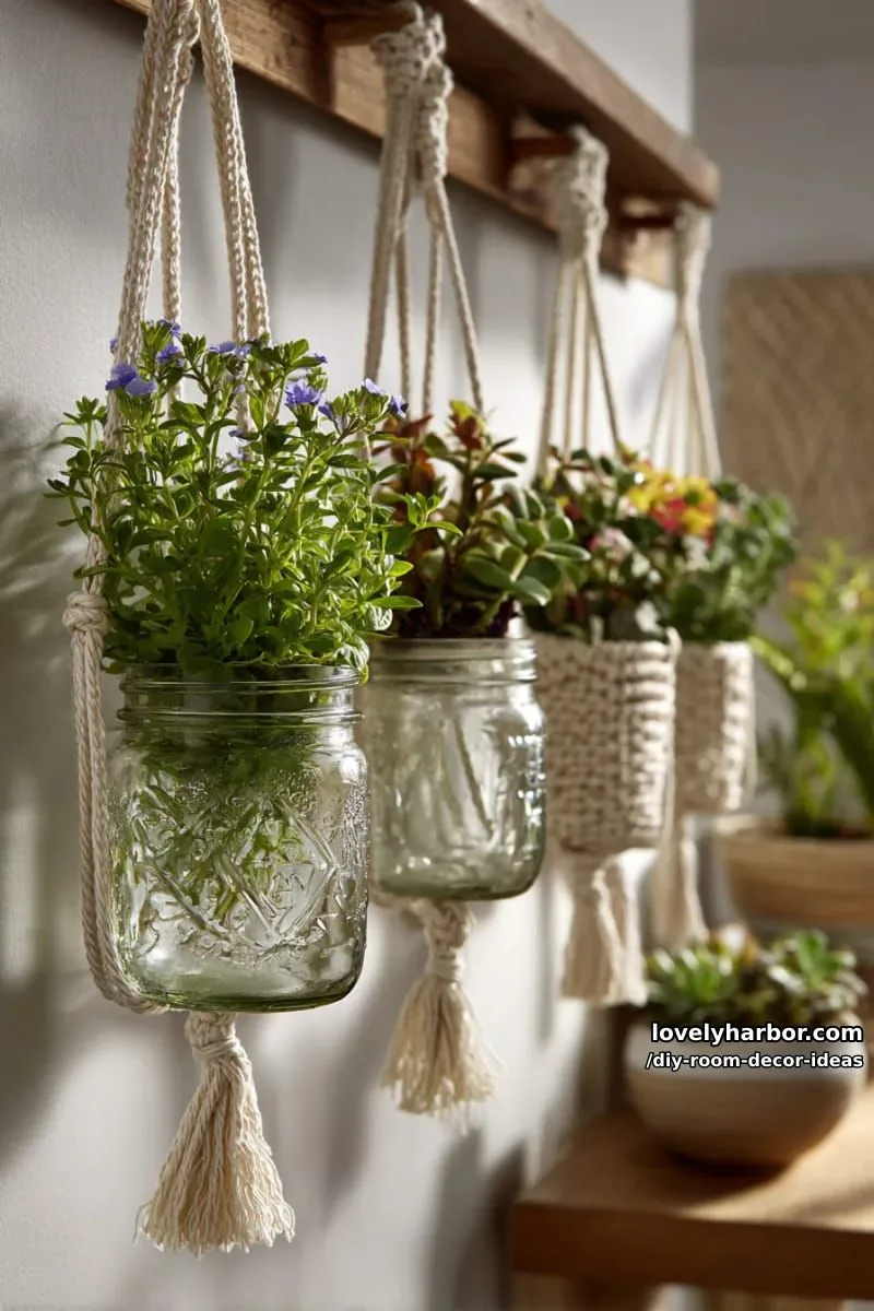 15 Creative DIY Room Decor Ideas to Add Color to Your Space 18 transform recycled jars into hanging wall vases with macrame supports 1