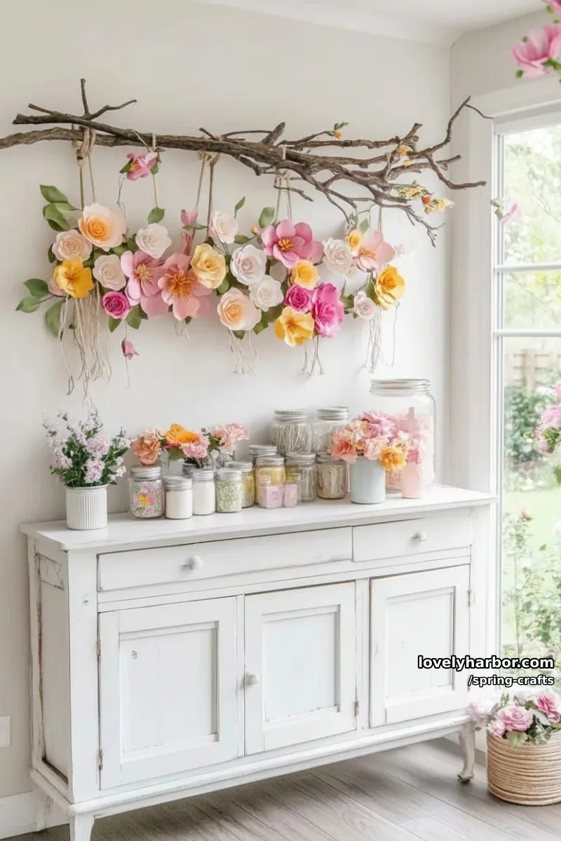 twig and twine wall hangings with vibrant paper flower bursts 1