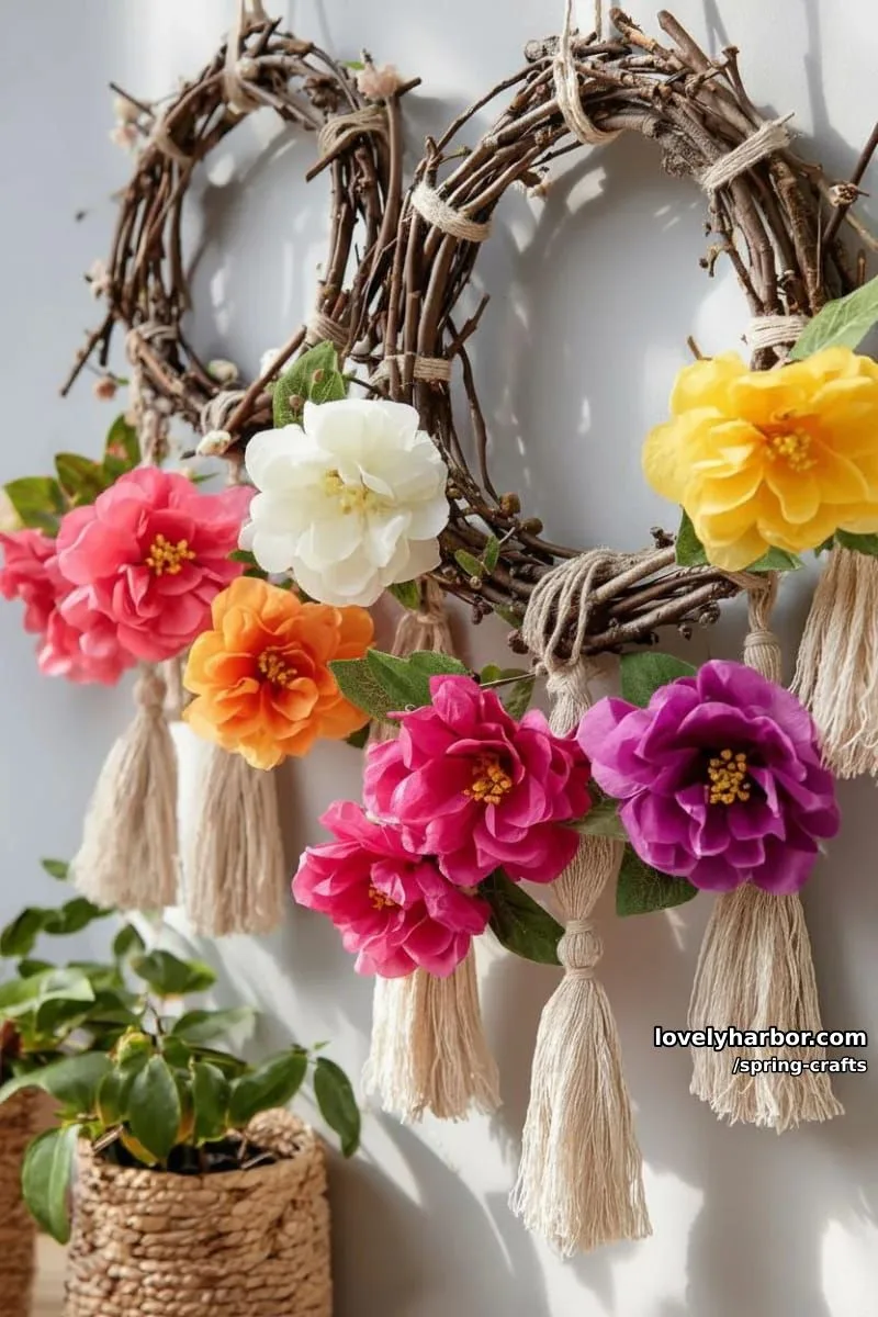 twig and twine wall hangings with vibrant paper flower bursts 1