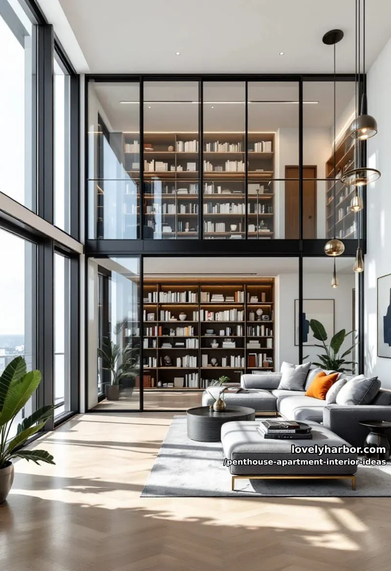 29 Stunning Penthouse Apartment Interior Design Ideas for a Fresh New Look 62 two-story glass library with a modern rolling ladder 1
