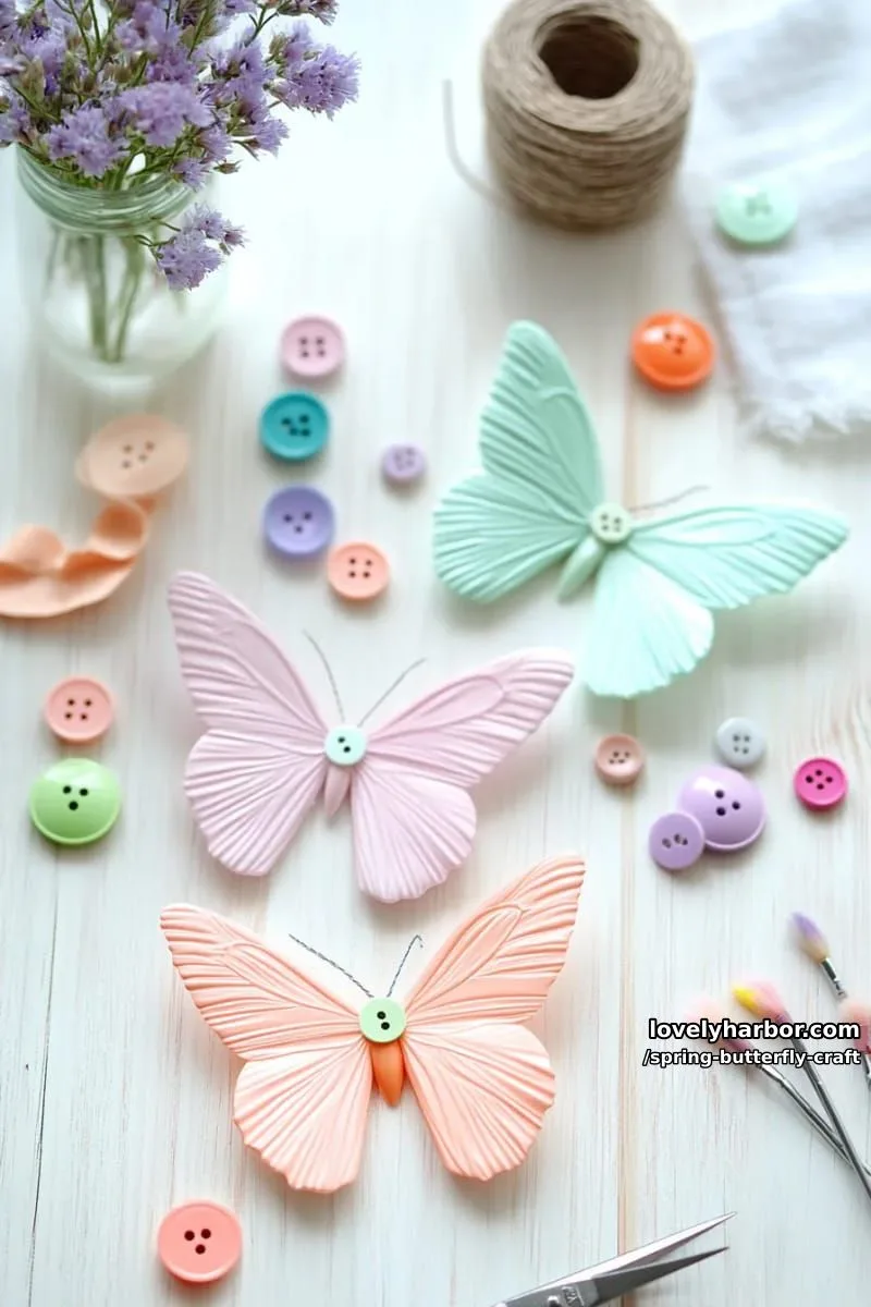 upcycled plastic bottle butterflies with painted details and button accents 1